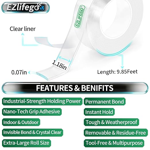 EZlifego Heavy Duty Invisible Bond Nano Double Sided Mounting Tape, 9.85FT | Nano-Tech, Holds up to 72 lbs, All-Purpose, Instant Hold, Industrial-Strength Adhesive, Indoor & Outdoor Decor,Back to School