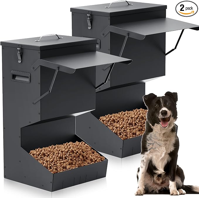 Willinglong 2 Pcs Automatic Dog Feeder with Lid 25 Lbs Capacity Outdoor Dog Feeder Hanging Self Feeding Pet Food Dispenser Pet Food Feeders for Large Dogs Large Breed