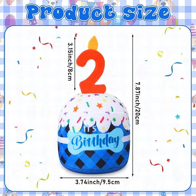 Dansydaisy Dog Birthday Cake Toy Squeaky Plush Gift,2nd,Blue Grid