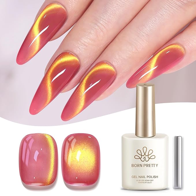 Born Pretty Spring Summer Cat Magnetic Eye Gel Polish,2026 Fruit Golden Pink Holographic Glitter Shimmer Translucent Sheer Magnetic Gel Polish Salon DIY at Home