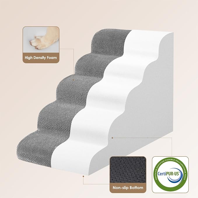 EHEYCIGA Curved Dog Stairs Ramp, 5-Step Extra Wide High Beds, Pet Step | 33D density of pure foam, for Small Dogs and Cats, Pet Stairs for High Bed Climbing, Non-Slip Balanced Pet Step Indoor, Grey