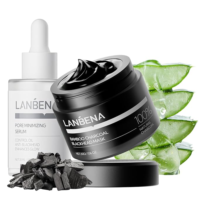 LANBENA 3 in 1 Blackhead Mask Kit-Bamboo Charcoal Pore Strips (30g), Pore Minimizing Serum (30ml) & Removal Paper - Mask for Face