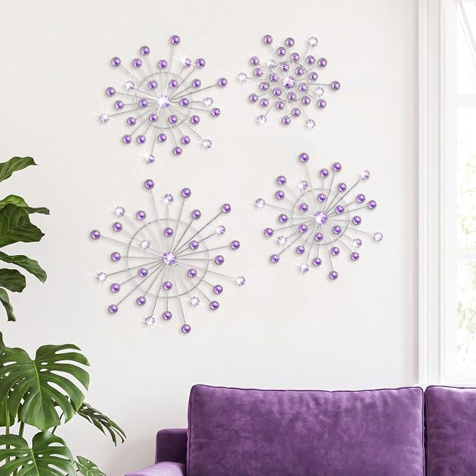 Blulu 4 Pcs Metal Wall Decor Bling Crystal Wall Art Cast Iron Rhinestones Sunburst Decor Starburst Art Hanging Diamond Accents Decorative for Living Room Bedroom Entryway (Purple)