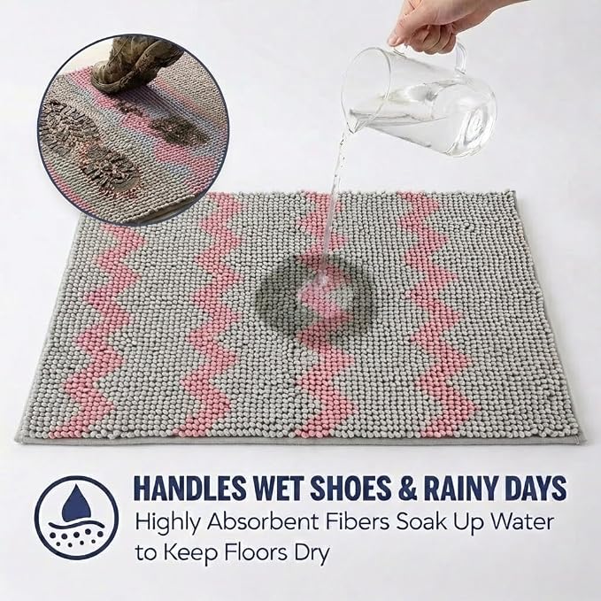 Muddy Mat® Super Absorbent Loop-Thread Chenille Dog Door Mat for Muddy Paws – Non-Slip, Machine Washable Indoor Entry Rug, Quick-Dry Pet Mat for Entryway – Pink Chevron 19"x30"