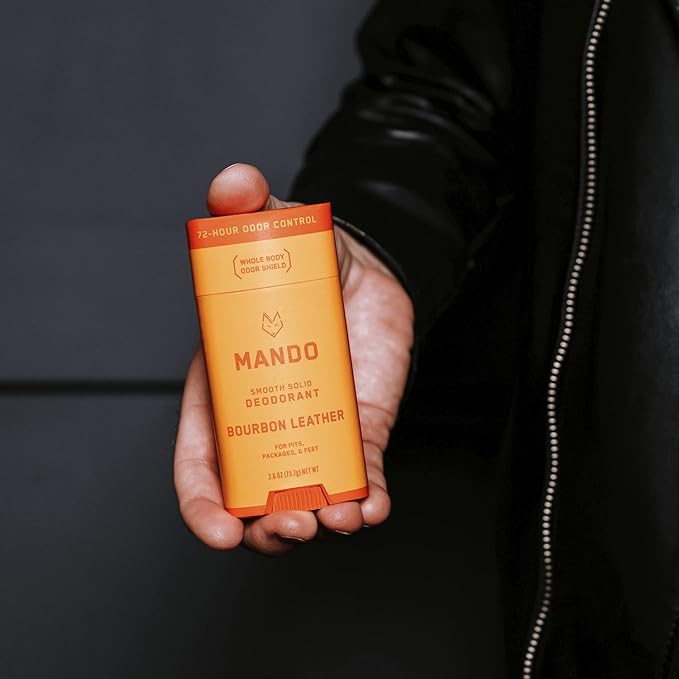 Mando Smooth Solid Stick (2.6 Ounce) + Acidified Body Wash (8.5 Ounce) - Clinically Proven to Block Odor All Day - Whole Body Safe For Pits, Packages + Feet (Bourbon Leather)