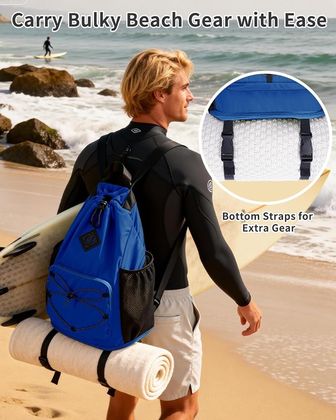 WANDF Drawstring Backpack with Removable Wet Pocket, Sandproof Beach Backpack with Bottom Compression Strap for Beach Mat, Swim Bag for Pool, Gym, Travel and Workout Gear (Navy Blue)