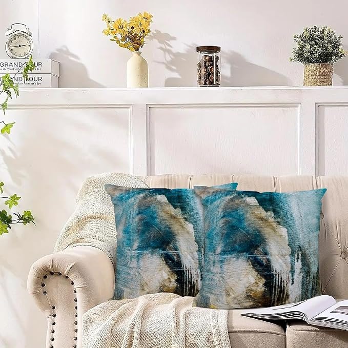 Teal Abstract Art Artwork Pillow Cover, Gallery Modern Decorative Throw Pillows Cushion Cover for Bedroom Sofa Living Room 18 x 18 Inch Set of 2