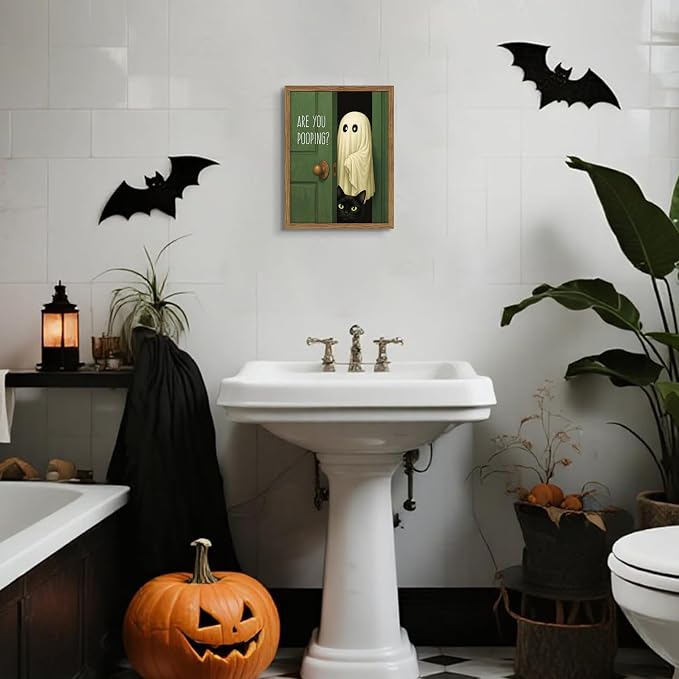 Funny Halloween Bathroom Wall Art, Vintage Cute Ghost Cat Canvas Wall Decor Paintings, Funny Are You Pooping Artwork Poster Print Picture for Bathroom Restroom 12x16 Inch Framed