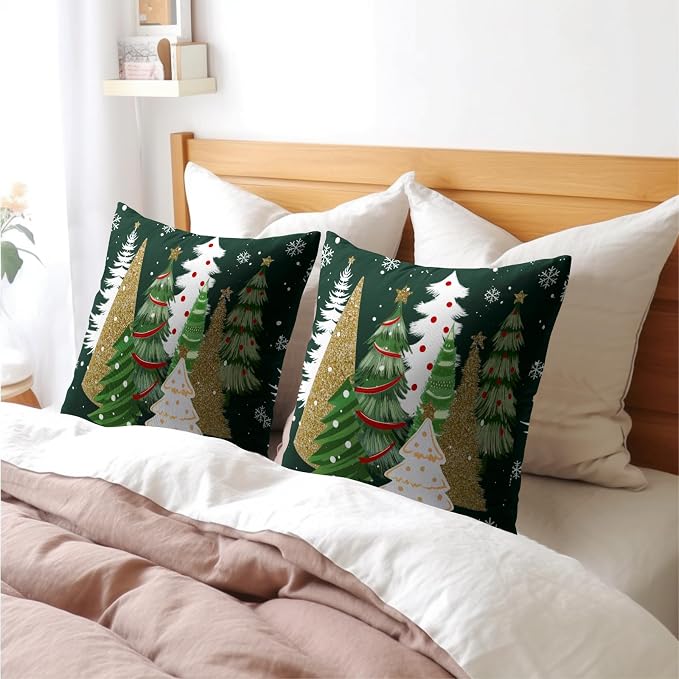 Kawani Christmas Tree Throw Pillow Covers 20x20 Inches Pack of 2 Gold Green Xmas Trees Cotton Linen Square Pillow Couch Sofa Cushion Case with Hidden Zipper for Winter Holiday Home Decor