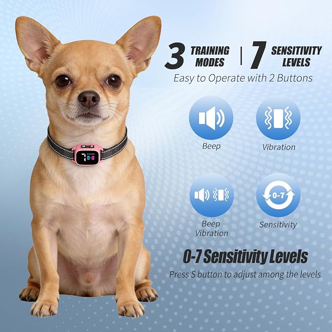 Anti Bark Collar for Small Dogs, No Shock Bark Collar with Beep & Vibration, 7 Sensitivity Levels, Smart Bark Detection, Rechargeable IP67 Waterproof Bark Collar for Small Dogs 5-30lbs, Pink