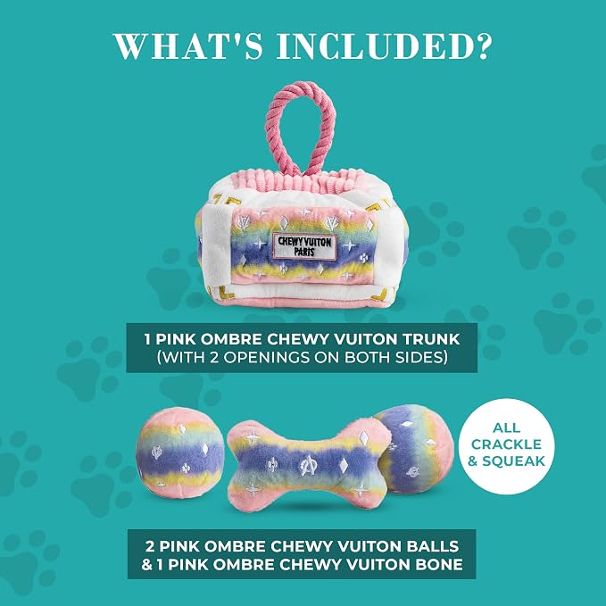 Haute Diggity Dog Chewy Vuiton Trunk Puzzle with 3 Plush Squeaky Dog Toys