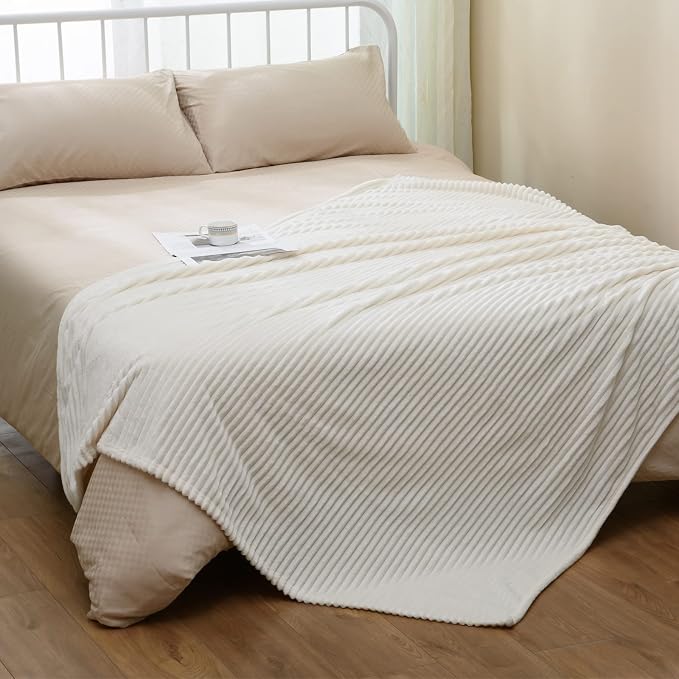 Vessia Flannel Fleece Striped Bed Blanket Twin Size(60x80inch), 300GSM Microfiber Cream Comfy Decor, Soft Warm Cozy Lightweight Ivory Ribbed Blanket for All-Season