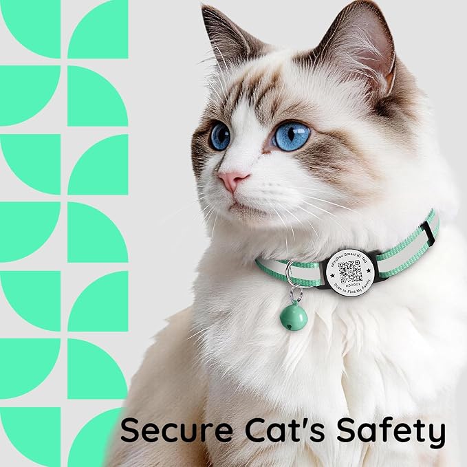 Breakaway Cat Collar QR Code, Reflective Bell, Adjustable Kitten, Teal
