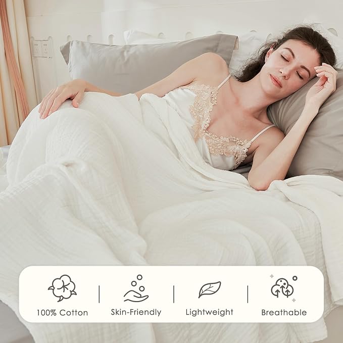 EMME Cotton Muslin Queen Blanket Bed Layering Bedspread Coverlet Breathable Gauze Soft Lightweight Adults (White,90"x90") | Summer Throw Blankets for Bed Breathable Gauze Blanket All Year Round Soft & Lightweight Pre-Washed Cotton Blanket Duvet