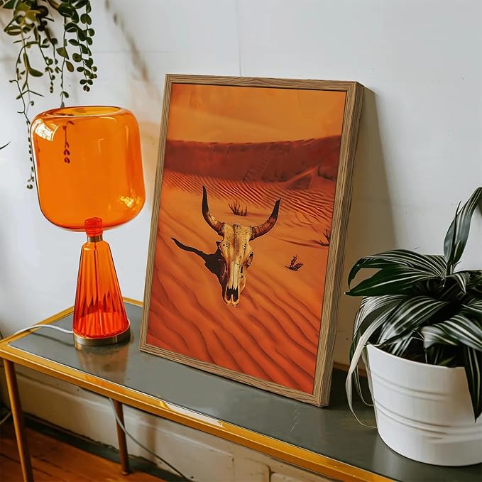 Framed Western Cowboy Canvas Wall Art Set of 3, Vintage Desert Cactus Pictures Wall Decor, Longhorn Bull Skull Paintings Prints Southwestern Home Decor for Living Room Bedroom 16x24 inch