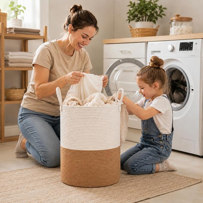 Baby Laundry Basket, Cotton Rope Nursery Hamper with Handles, Jute | Foldable decorative organizer for baby clothes, blankets and toys; tall shape saves space and suits nurseries or kids rooms.