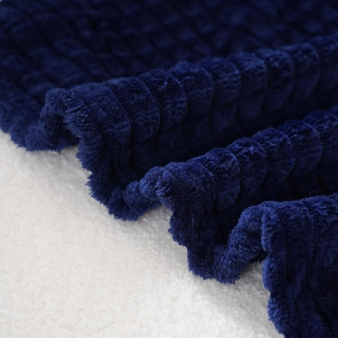 Puncuntex Fleece Throw Blanket Navy Blue 50"×60" with Square Grid Design | Super Soft Plush Cozy Flannel Throw Blanket Luxury for Couch Sofa Chair