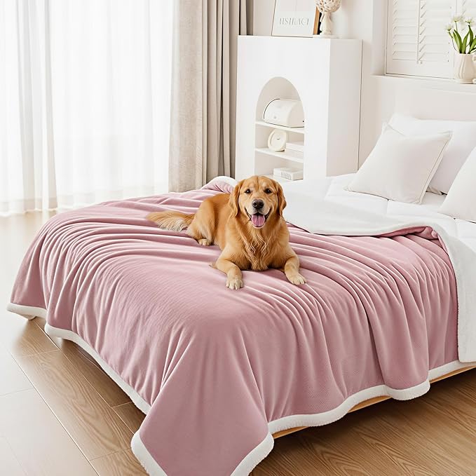 Smiry Waterproof Blanket Throw, Reversible Dog Blanket for Sofa Couch Bed | Soft Leakproof Sherpa Fleece, Washable Furniture Couch Protector for Large Dogs Cats, 60"x80", Pink/White