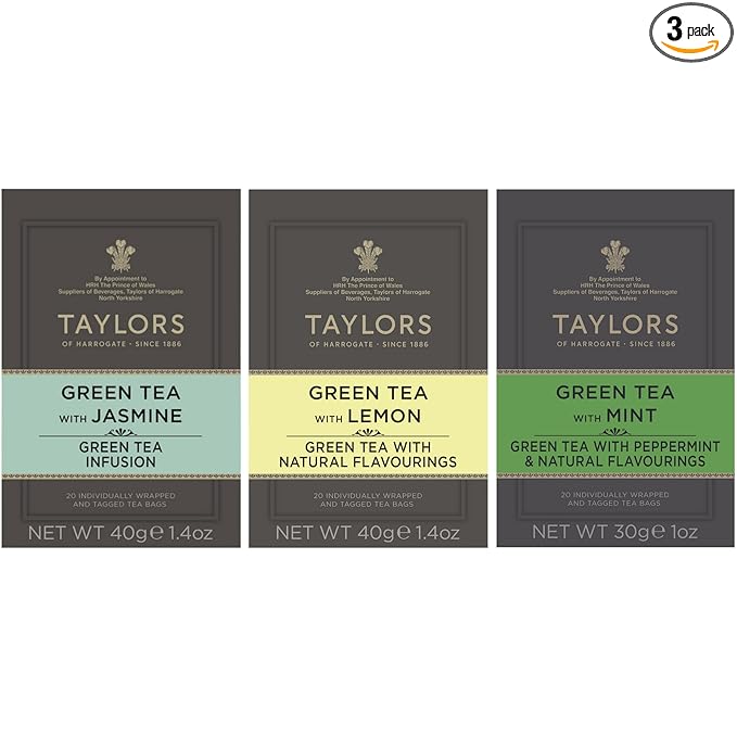 Taylors of Harrogate Green Tea Variety Pack, Individually Wrapped Bags, Jasmine, Lemon, Mint 20 Count (Pack of 3), Caffeinated, Enjoy Hot or Iced, 60 Teabags
