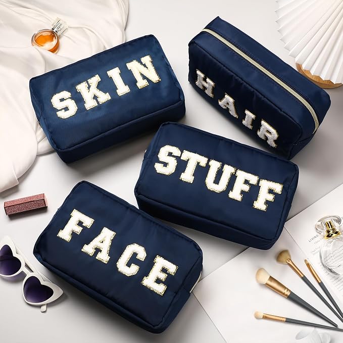 Preppy Makeup Bags Chenille Letter Stuff Bag Nylon Cosmetic Pouch Cases with Zipper for Women Travel Toiletry(Dark Blue,Classic,4 Pcs)