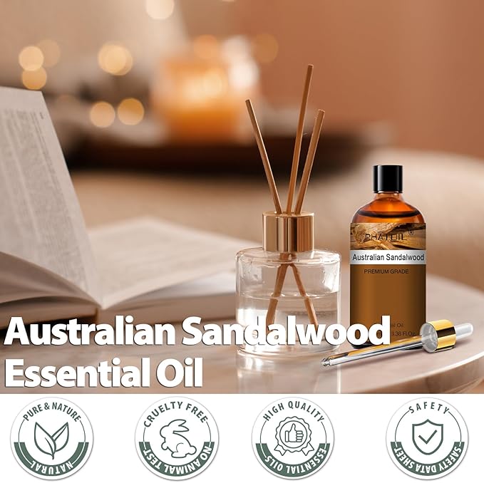 PHATOIL Australian Sandalwood Essential Oil, Pure Premium Natural Oil for Hair Care, Body Skin Care, Aromatherapy, DIY Candle, Soap Making 3.38Fl Oz
