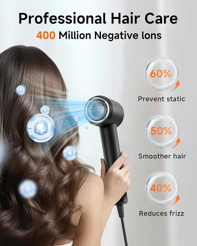 PLUZZ Professional Hair Dryer with Diffuser for Curly Hair, 400M Negative Ionic Blow Dryer for Fast Drying, 120,000 RPM High-Speed Brushless Motor, Low Noise Lightweight, Travel-Friendly (Black)