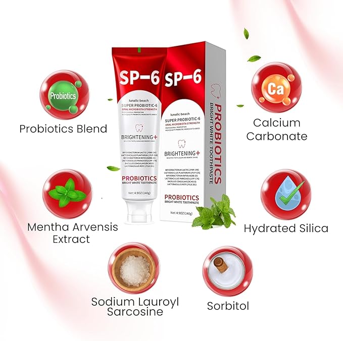 Qushen SP-6 Probiotic Toothpaste,SP6 Toothpaste for Whitening Teeth & Fresh Breath, 6 Probiotics Formula, Fluoride-Free, Enamel Safe, Natural Mint Flavor