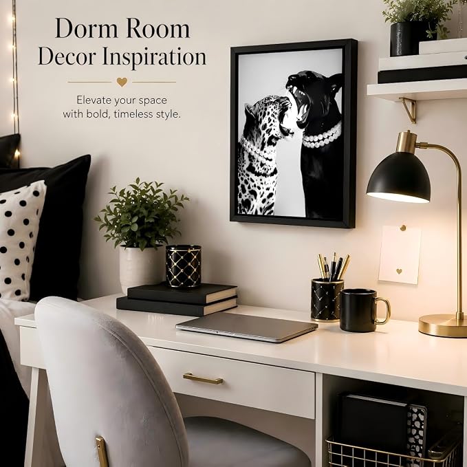 Framed Fashion Leopard Canvas Wall Art Trendy Black White Cheetah Picture Wall Decor Luxury Feminist Poster Print for Girls Bedroom Dorm Bar Cart Home Decoration 16x24in