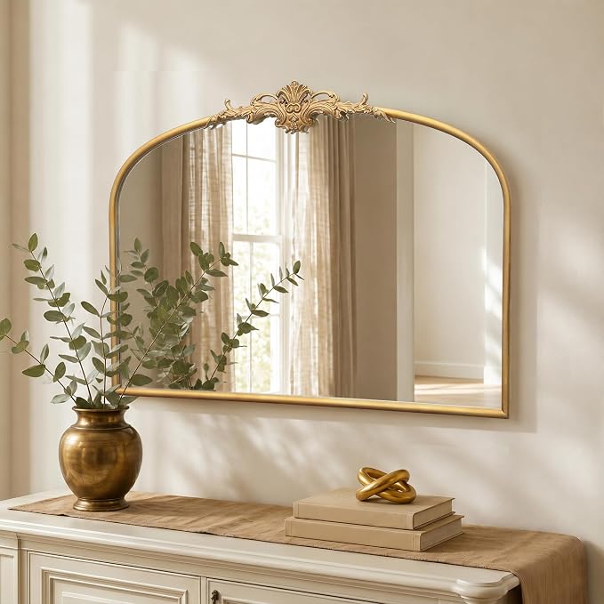 Besdomus Antique Gold Wall Mirror: 32"x24" French Ornate Decorative Mirrors | Vintage Baroque Ornate Arch Metal Framed for Mantel/Hallway/Bathroom Vanity/Bedroom - Ideal Gifts for Wedding/Birthday