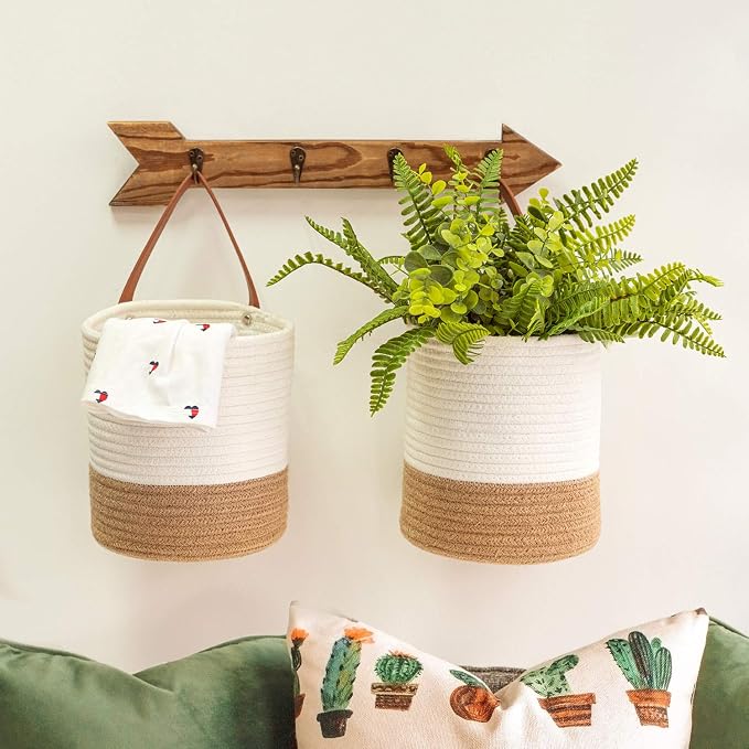 Goodpick 2 Pack Jute Rope Wall Hanging Storage Baskets for Home Decor | Boho Woven Hanging Plant Basket Decor, Decorative Basket for Home, Size 7.87×7×11.7 Inches for Wall Flower & Home Storage