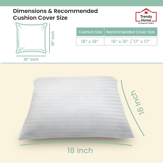 Trendy Home 18x18 Throw Pillow Insert (Set of 2, White) Bed and Couch Pillows Stuffer Hypoallergenic, Decorative Home Indoor Outdoor Sofa Pillow Filler (Machine Wash, 2 Pack)