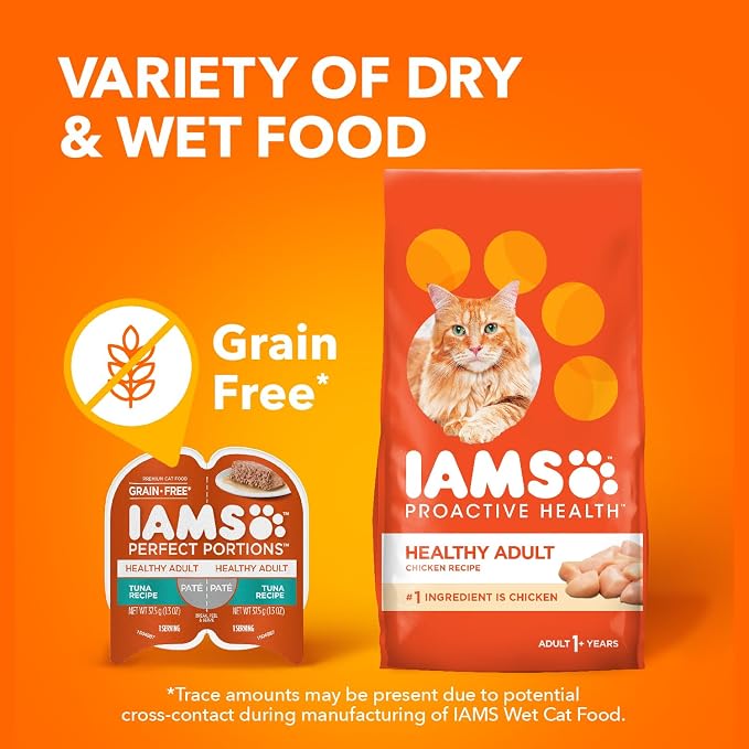 IAMS Perfect Portions Healthy Adult Pate Wet Cat Food, Tuna, 24 Count | Grain-free, prebiotics & beet pulp for digestion, Omega 3 & 6 for skin & coat, snap-peel-serve 2.6 oz. twin-pack trays