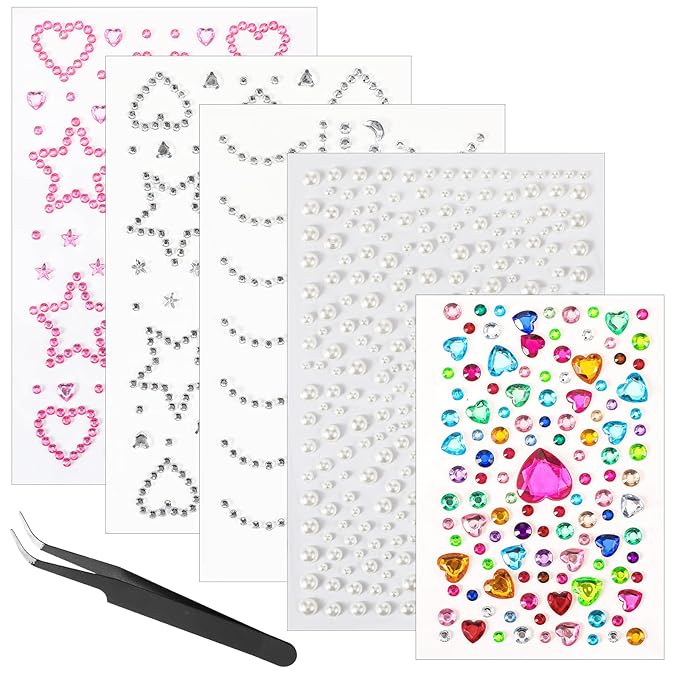 Star Face Stickers Gems for Women, Self Adhesive Face Rhinestones Hair GemsHeart Star Moon Shape Accessories with Tweezers for Makeup Body Hair Decor Festival Craft