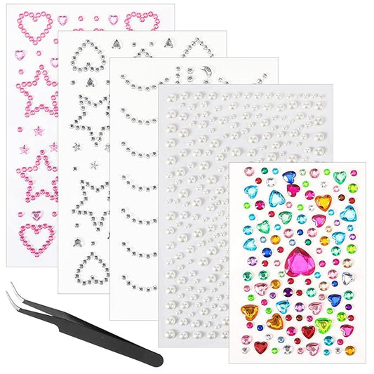 Star Face Stickers Gems for Women, Self Adhesive Face Rhinestones Hair GemsHeart Star Moon Shape Accessories with Tweezers for Makeup Body Hair Decor Festival Craft