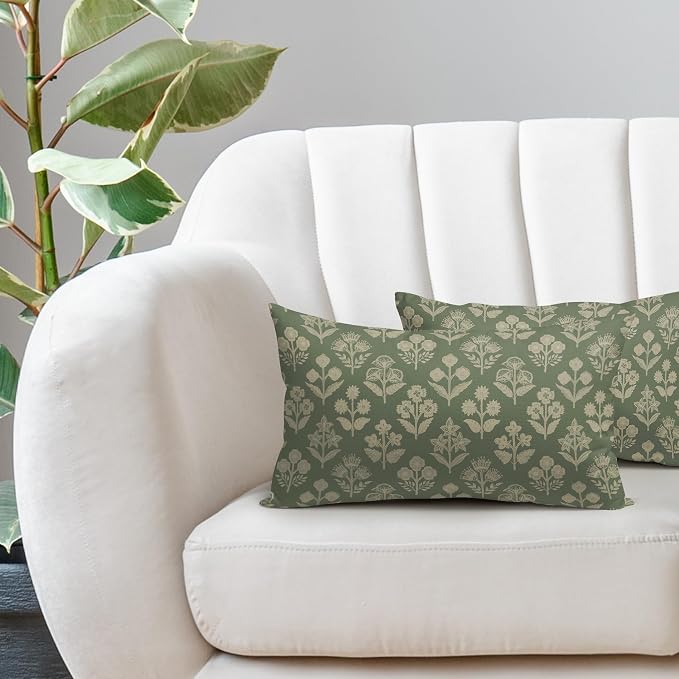 Sage Green Pillow Covers 12x20 Inch Set of 2, Cream Floral Block Print Pattern Lumbar Decorative Throw Pillowcases Outdoor Farmhouse Rectangle Cushion Covers Spring Summer Sofa Couch Bed Decor
