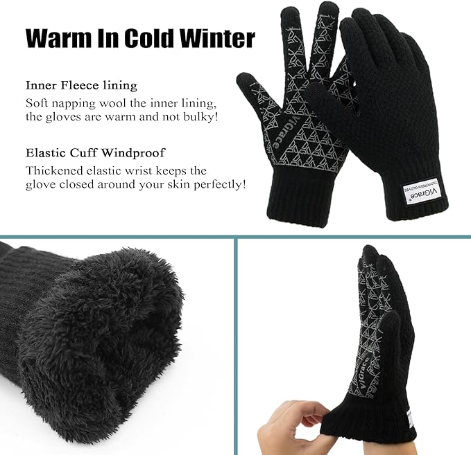 ViGrace Thickened Winter Warm Touchscreen Gloves for Men and Women Touch Screen Fleece Lined Knit Anti-Slip Wool Glove