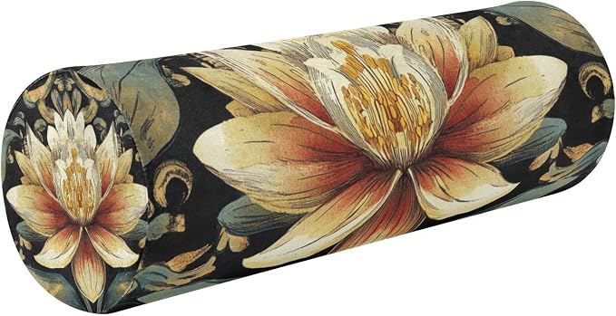 Boho Water Lily Flower Black Neck Roll Pillow Bolster Round Health Memory Foam Long Cervical Cylinder Pillows with Removable Washable Cover for Body Bed Legs Back Yoga