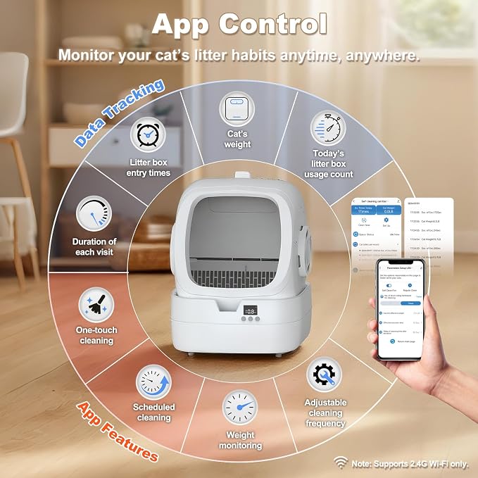 Mintakawa Automatic Cat Litter Box Self Cleaning - APP Control and Weight Monitoring - Ultra-Quiet, Suitable for Medium Cats and Kittens, Safe Anti-Pinch Litter Box (Assembly Required) - White
