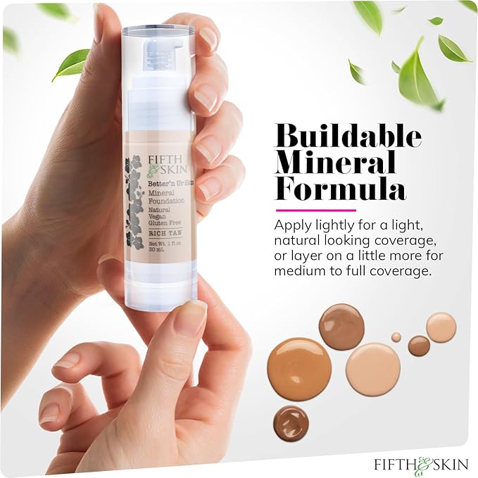 Fifth & Skin: Better’n Ur Skin Liquid Foundation (RICH TAN) - Natural, Organic, Vegan, Cruelty-Free - Gluten-Free Beauty with Buildable Coverage and Palm-Free Luxury - 1 oz