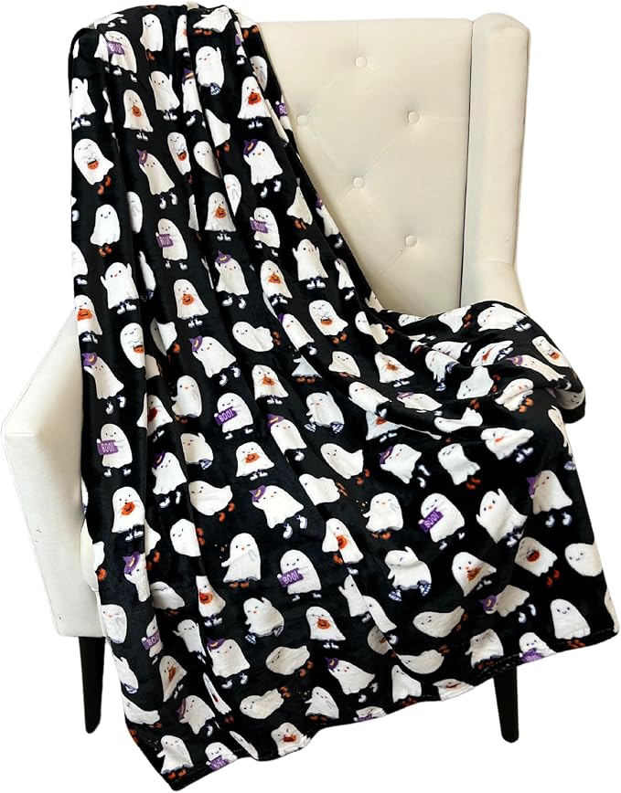 Halloween Ghost Fleece Throw Blanket, Cute Ghosts on Black, 50x70 in | Ultra-soft cozy flannel fleece, for sofa couch bed chair & dorms, spooky Halloween décor, durable and machine washable.