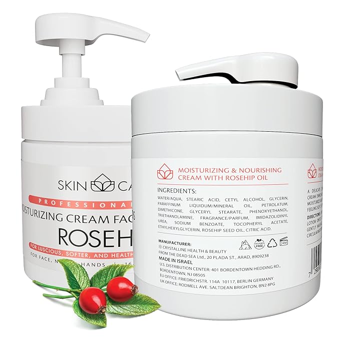 Skin Care Rosehip Oil 3-in-1 Moisturizer Face Cream, Neck and Hands - Treatment for Crepey Texture, Wrinkles and Sagging - Daily Lotion for All Skin Types - 16.9 fl. oz.