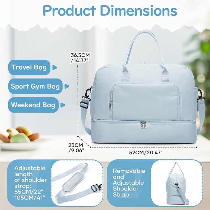 Travel Duffle Bag,Weekender Bags for Women with Shoe Compartment Personal Item Travel Bag Carry on Overnight Bags For Airplanes Gym Duffel Bag with Wet Pocket Hospital Bag for Labor and Delivery Blue