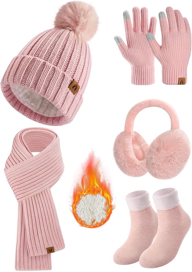 Yusongirl Winter Women Scarf Gloves Beanie Ear Muffs Socks Set Cold Weather Warm Knit Hat Fleece Long Neck Warmer 5 in 1 Set