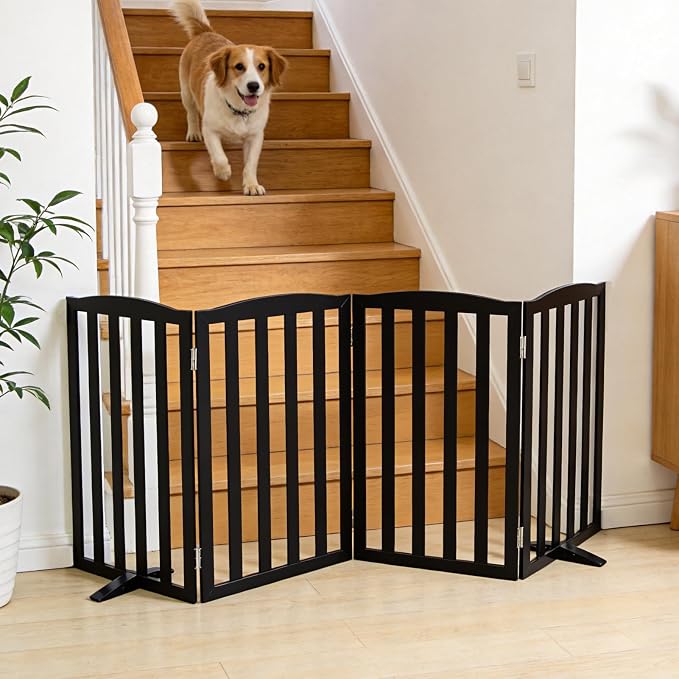 ZJSF Foldable Freestanding Indoor Dog Gate for House Wood Long Pet Gates Dog Fence for Stairs Puppy Gates for Hallways, Puppy Gate,Support Feet Included, Black, 32 "Height-4 Panels