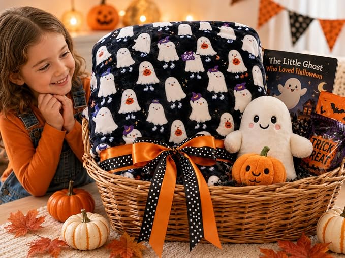 Halloween Ghost Fleece Throw Blanket, Cute Ghosts on Black, 50x70 in | Ultra-soft cozy flannel fleece, for sofa couch bed chair & dorms, spooky Halloween décor, durable and machine washable.