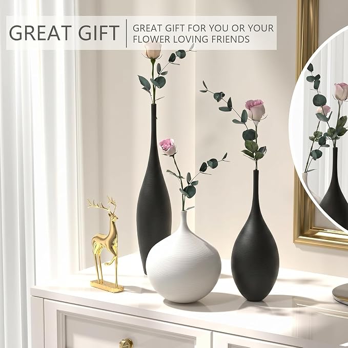 Relexome Black and White Ceramic Vase Modern Wabi-Sabi Flower Vase Set of 3 Decorative Aesthetic Vases for Centerpieces Matte Minimalist Vases for Living Room Table Shelf Home Decor Gift