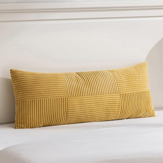 Fancy Homi Set of 1 Mustard Yellow Boho Long Lumbar Body Decorative Throw Pillow Cover 21x54 Inch for Bed Couch Bedroom Bench, Soft Patchwork Corduroy Pillow Case, Rustic Farmhouse Room Decor