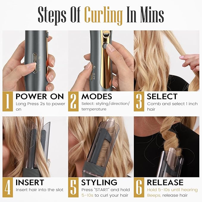 Zavarea Automatic Rotating Curling Iron for Long Hair - 1 Inch Curling Wand for Beach Waves & Loose Curls, Easy Hair Curler for Beginners, Anti-Scald & Frizz-Free, Dual Voltage for Travel