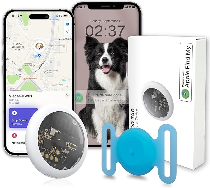 GPS Tracker for Dogs, Mini GPS Pet Tracker with Silicone Cover, IPX8 Waterproof GPS Tracker for Kids,No Monthly Fee,Work with Apple Find My(iOS Only),Dog Tracker Finder Tracker Pets-YGBlue-4