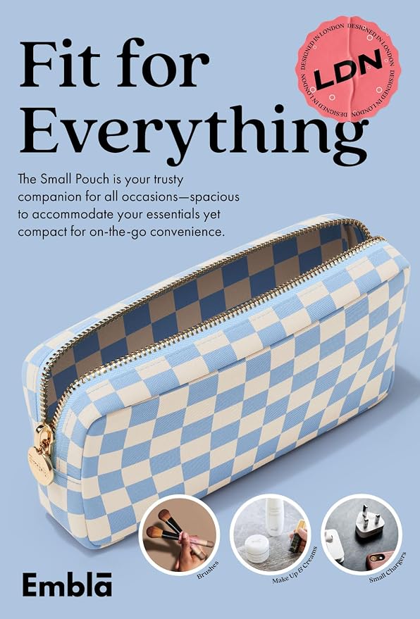 Makeup Bag Travel Cosmetics Pouch and Toiletry Bag, Nylon Zipper Pouch Purse, Cute Make Up Organizer Storage Tote for Women Girls, Travel Skincare Case, Small Makeup Case, Sky Checkered